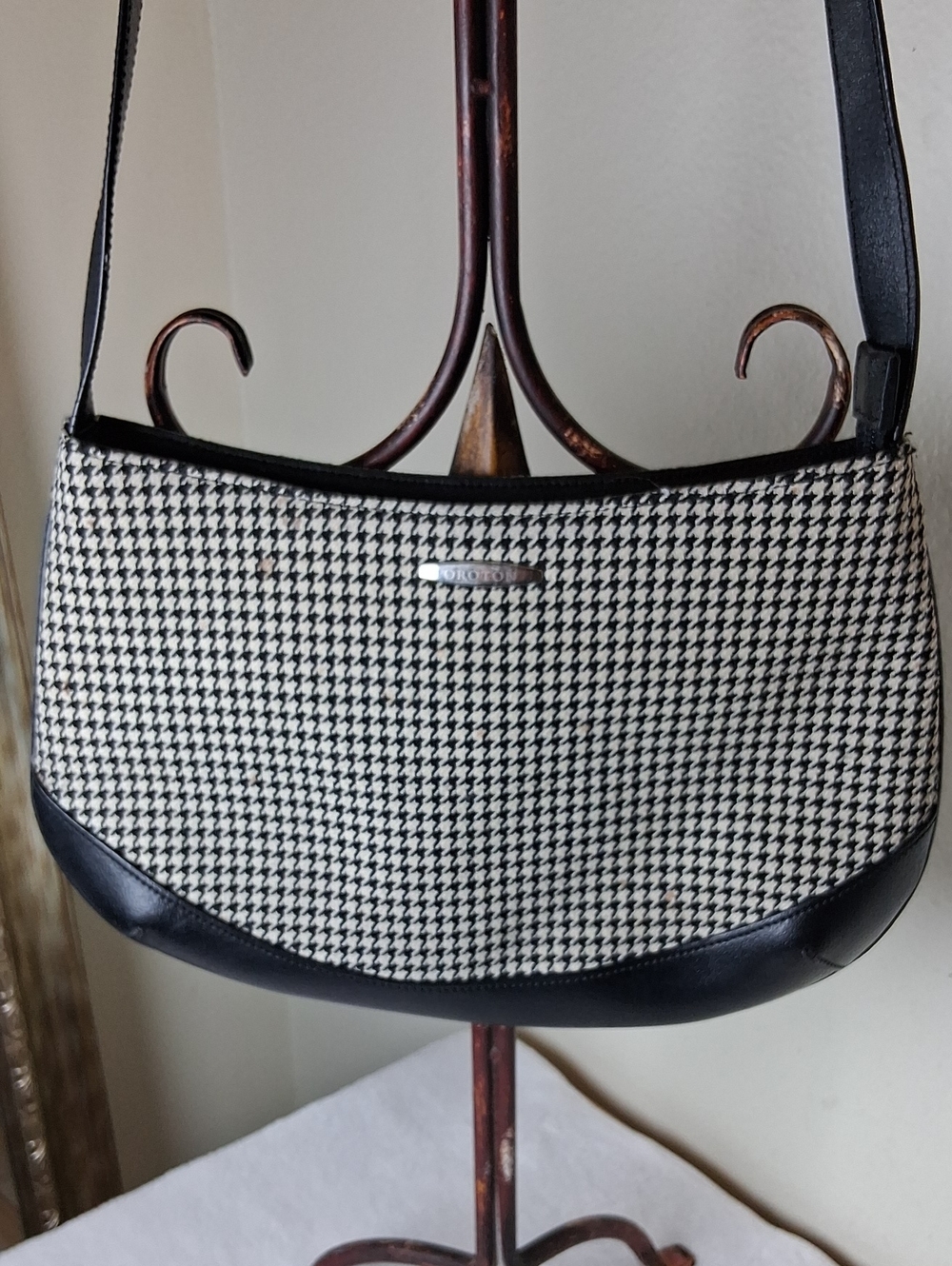 Oroton Black and White Houndstooth Shoulder Bag with Black Trim and Strap